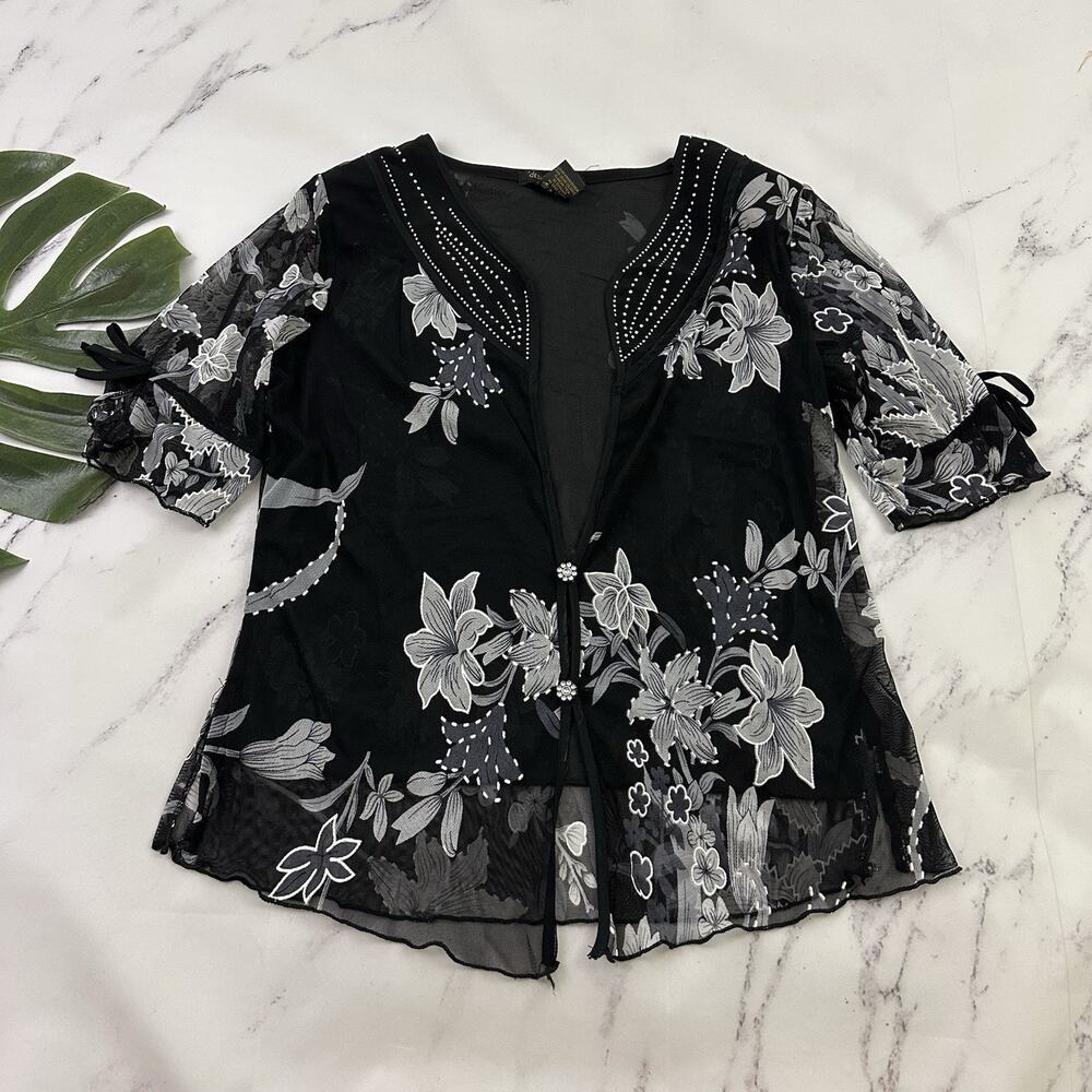 Design Works Womens Vintage y2k Sheer Top Size P L Black White Floral Bows